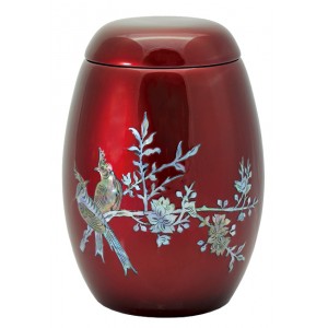 Glass Fibre Urn (Burgundy with a "Mother of Pearl" Bird Design) 